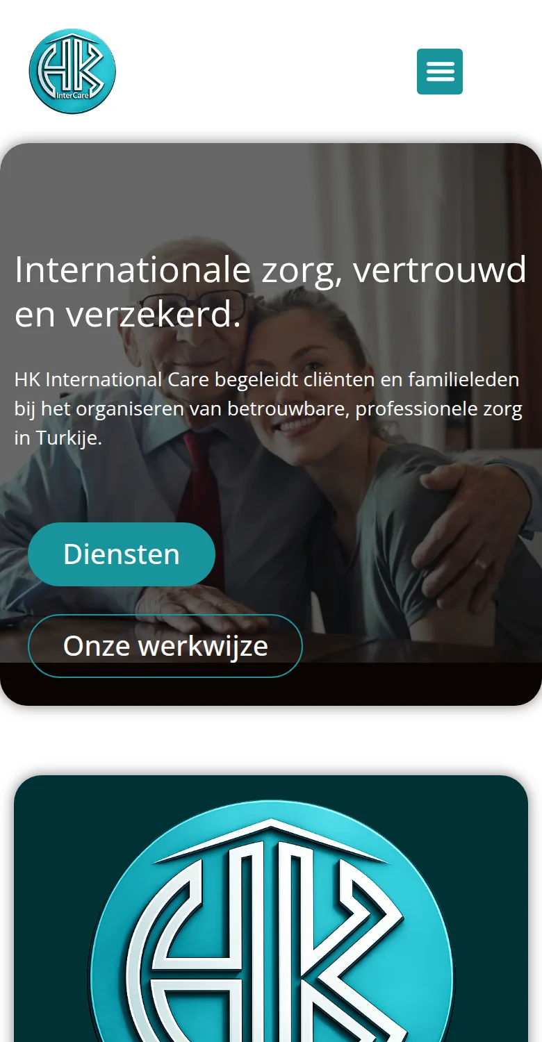 De startpagina op een telefoon, hkintercare.nl