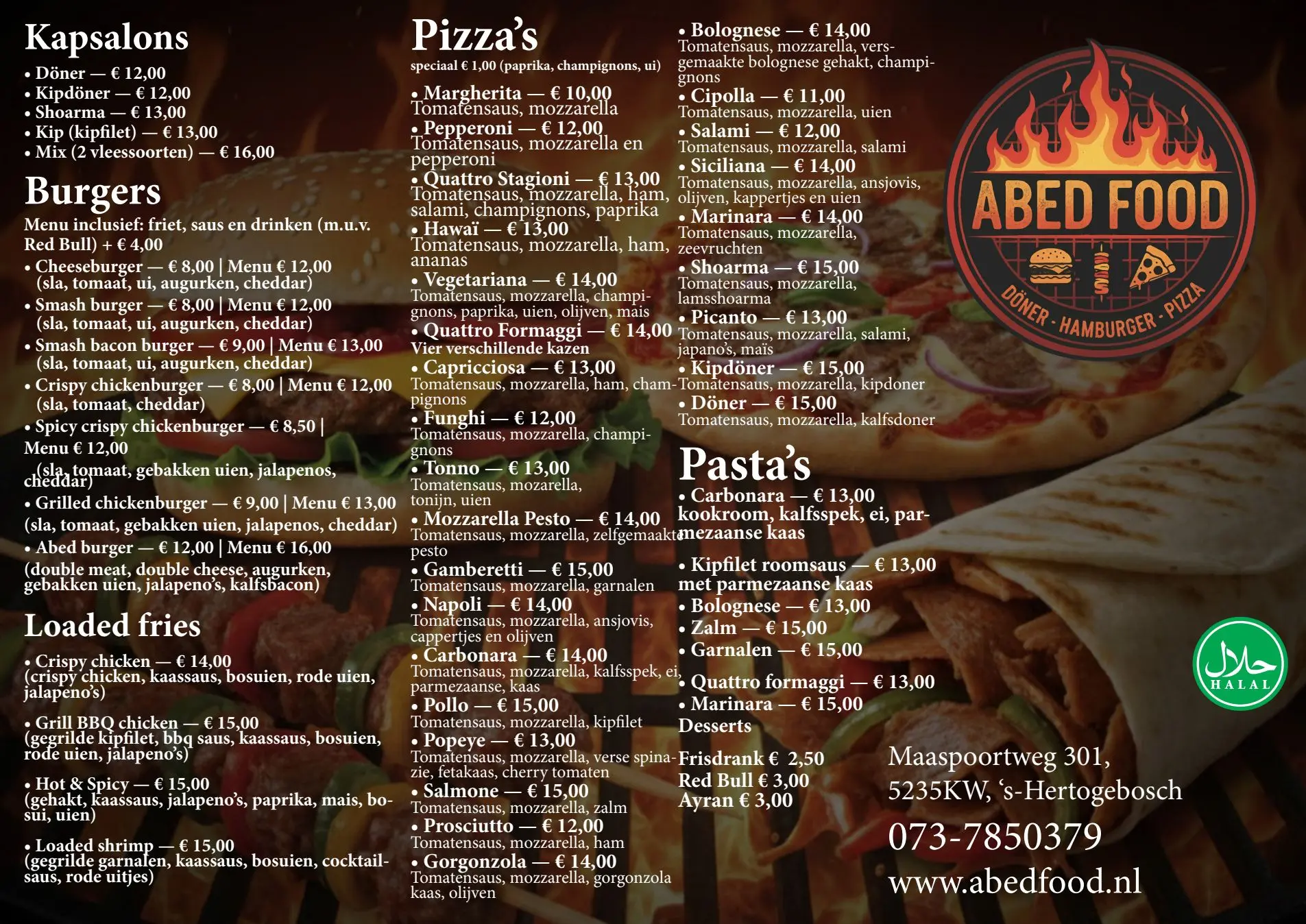 De A3-menukaart van Abed Food, gevuld vanuit dezelfde menudata als de kassa