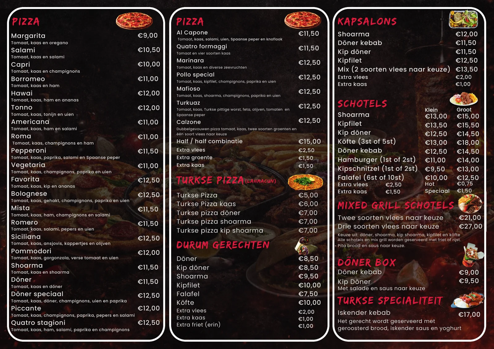 Het A3-menu, binnenkant: pizza, dürüm, kapsalons en schotels